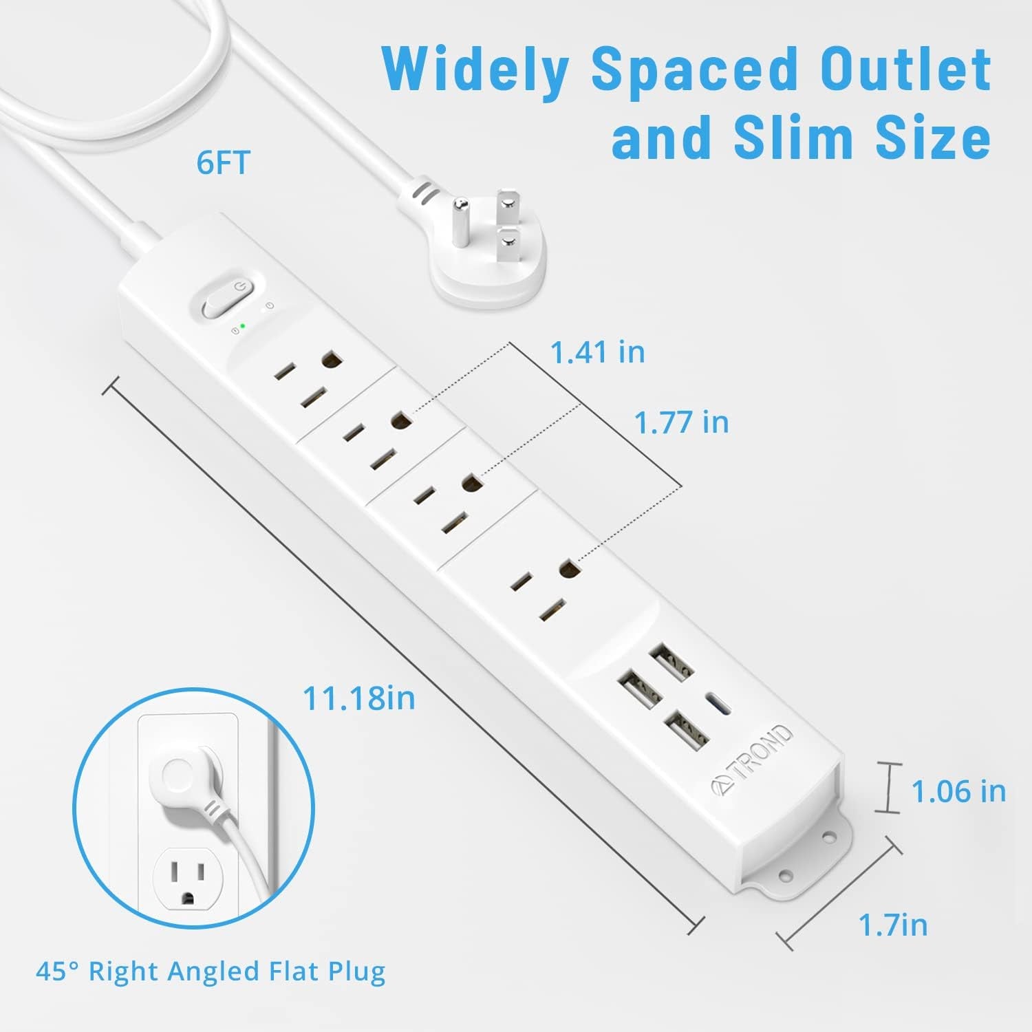 Surge Protector Power Strip with USB, Ultra Thin Flat Plug 6Ft Extension Cord 1625W, 3 USB a & 1 Type C, 4 AC Outlets 1440J Surge Protection ETL Listed, Wall Mount for Home Office Dorm, White