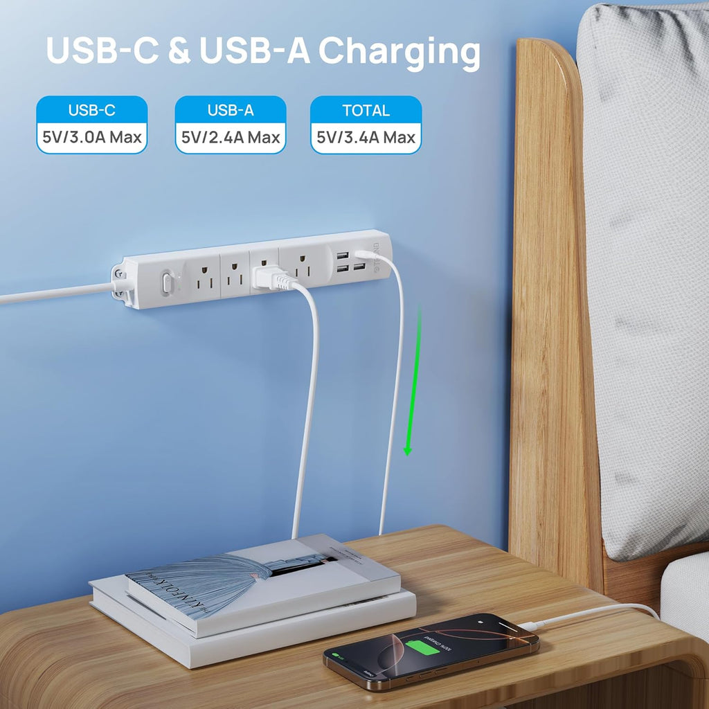 Surge Protector Power Strip with USB, Ultra Thin Flat Plug 6Ft Extension Cord 1625W, 3 USB a & 1 Type C, 4 AC Outlets 1440J Surge Protection ETL Listed, Wall Mount for Home Office Dorm, White