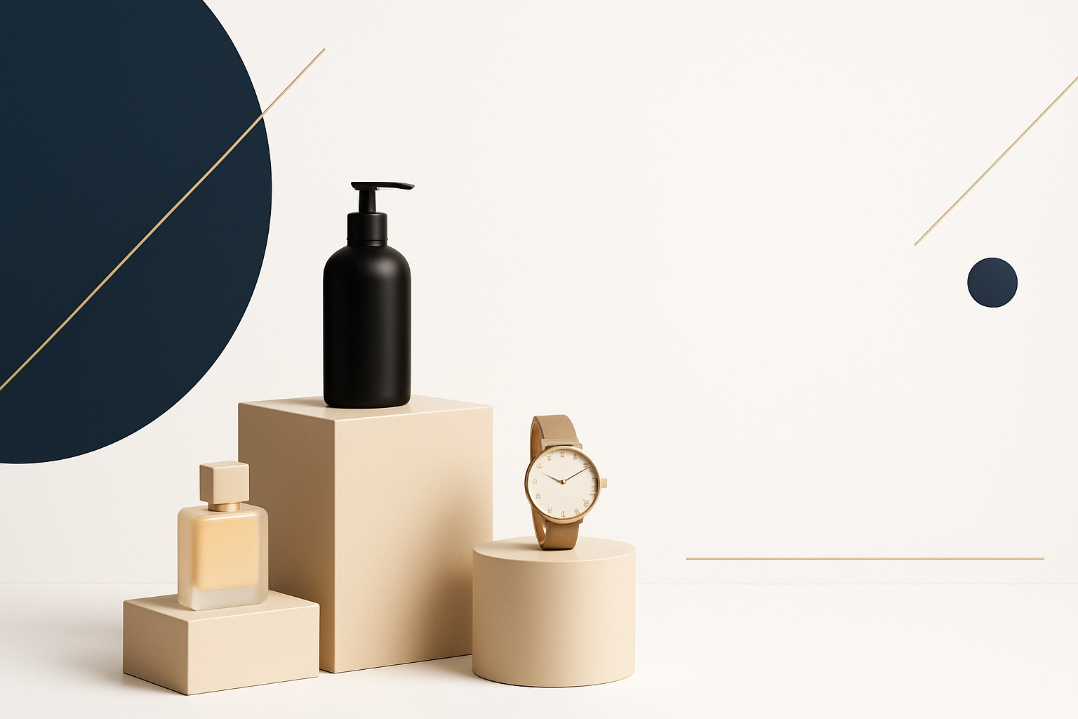 Minimalist e-commerce homepage banner with a clean white background, modern geometric shapes, and three-color palette (deep navy, warm beige, soft gold). Elegant product display on simple pedestals, high-end lighting, no people, luxury brand aesthetic, spacious layout for text overlay.